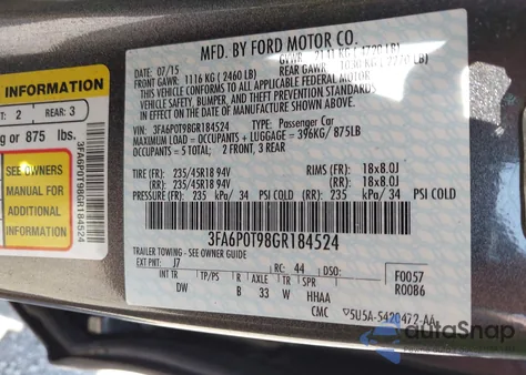 2016 Ford Fusion Se from USA, damaged, VIN 3FA6P0T98GR184524